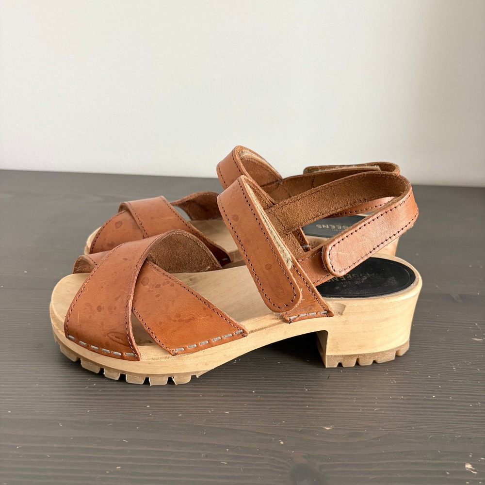 Swedish Hasbeens Sandals Clog Cross Tracta 36 Cognac Brown Wood Lug Sole *READ*